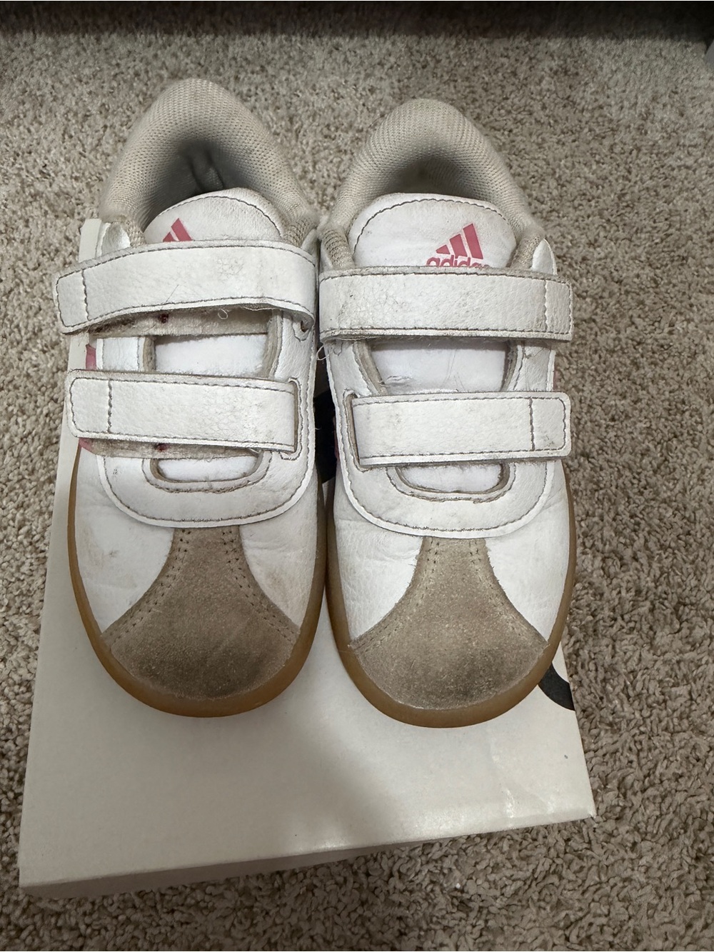 adidas Kids White Sneakers with Tan Suede Accents and Pink Logo